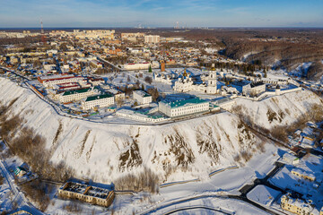 Tobolsk in winter. Tobolsk Kremlin - the sole stone fortress in Siberia. Aerial view.