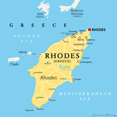 Rhodes, Greek island, political map. Largest of Dodecanese islands of Greece, in Mediterranean Sea, with several nicknames, such as Island of the Sun, The Pearl Island, and The Island of the Knights. - obrazy, fototapety, plakaty