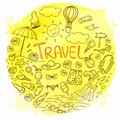 Set of colorful summer doodles on yellow background. Travel and vacation emblems and symbols. Vector illustration. Perfect for greeting card, postcard, print for textile, t shirt.