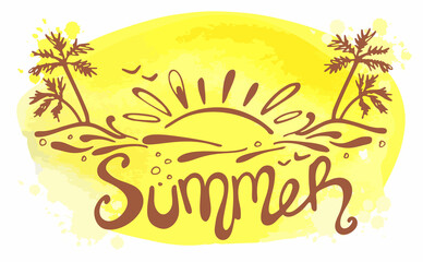 Fototapeta na wymiar Hand drawn sunset, palm trees and lettering Summer on yellow background. Vector illustration. Perfect for greeting card, postcard, print, banner.