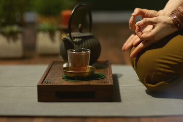 Fototapeta na wymiar Closeup on woman with tea in green house