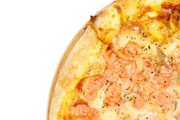 Seafood Pizza with shrimps on wooden cutting board isolated on white background