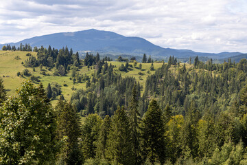 Panorama of mountains in the Ukrainian Carpathians on a summer day.