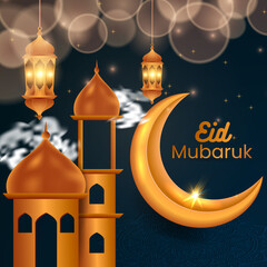 Eid mubarak and eid ul-fitr arabic elegant luxury ornamental islamic background with islamic decorative golden moon lantern star 