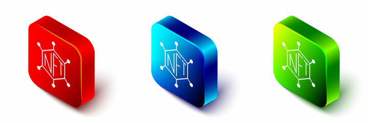 Isometric NFT blockchain technology icon isolated on white background. Non fungible token. Digital crypto art concept. Red, blue and green square button. Vector - obrazy, fototapety, plakaty