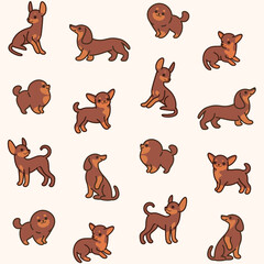 Fototapeta premium Simple trendy pattern with dogs. Vector print. Illustration of dachshund, spitz, chihuahua, toy terrier.