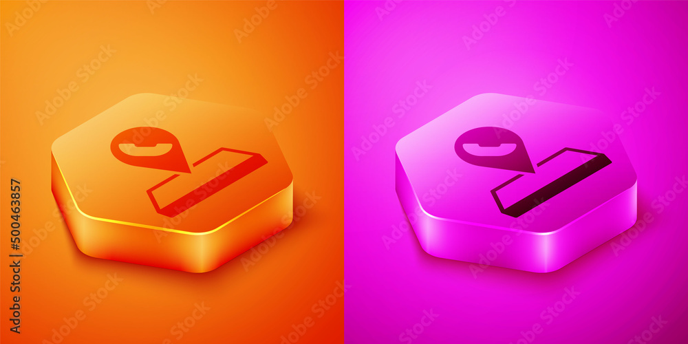 Poster isometric map pointer with telephone or communication icon isolated on orange and pink background. c