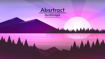 Abstract evening or morning landscape. Vector illustration, flat style. Mountains with river and hills with forest. Beautiful purple sky with sunset. Design for wallpaper, banner, touristic card.