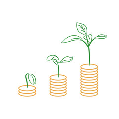 Financial business growth concept with golden coins and Seedling growing up graphic vector illustration