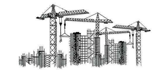 Obraz premium Construction Site with Tower Cranes. City. Landscape. Hand drawn vector. Construction, development, architecture or other concept illustration or background.