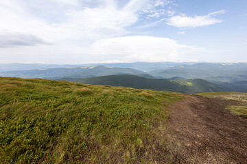 Panorama of mountains in the Ukrainian Carpathians on a summer day.