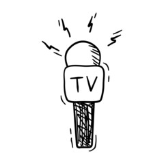 Vector illustration of microphone in doodle style on white background.