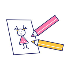 Vector illustration of cartoon picture and two pencils on white background.