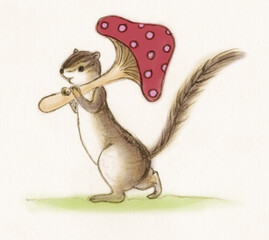 It is an illustration of a squirrel carrying a mushroom and working.