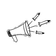 Vector illustration of rockets flying from public speaker in doodle style.
