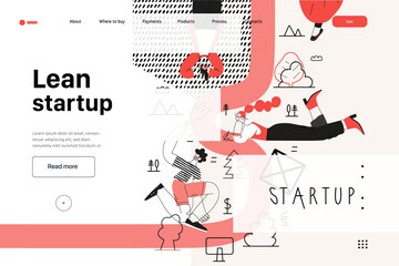 Startup illustration, website landing template Flat line vector modern concept illustration, startup metaphor. Concept of building new business, strategy, company processes. Lean startup