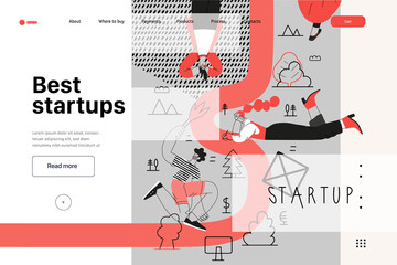 Startup illustration, website landing template Flat line vector modern concept illustration, startup metaphor. Concept of building new business, strategy, company processes. Best startups