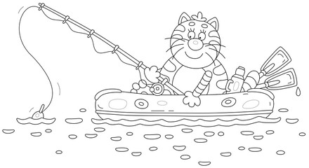 Funny striped cat fisherman sitting in an inflatable boat with a fishing-rod on a small lake in countryside on summer vacation, black and white vector cartoon for a coloring book page