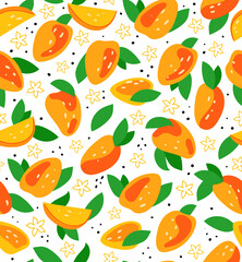 Seamless pattern with fresh bright exotic whole and sliced mango isolated on white background. Summer fruits for healthy lifestyle. Organic fruit. Cartoon style. Vector illustration for any design