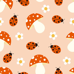 Seamless pattern with mushrooms, ladybugs and daisies. It can be used for wallpapers, wrapping, cards, patterns for clothes and other.
