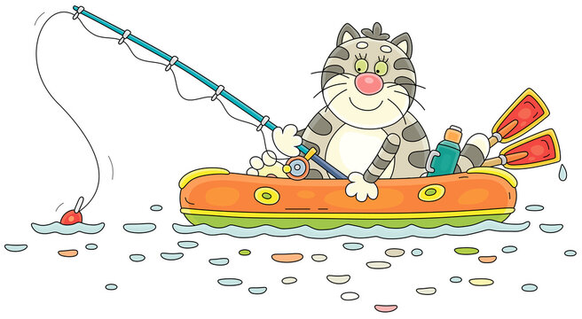 Funny grey-striped cat fisherman sitting in an inflatable boat with a fishing-rod on a small lake in countryside on summer vacation, vector cartoon illustration isolated on a white background