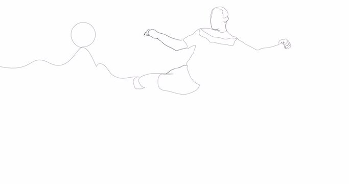 Self drawing line animation Soccer Player kicking a ball continuous line drawn concept