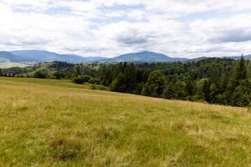 Panorama of mountains in the Ukrainian Carpathians on a summer day.