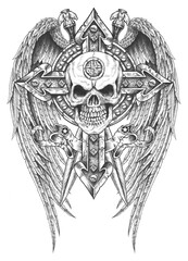 drawing of skull with swords and wings © jhim