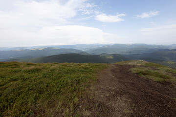 Panorama of mountains in the Ukrainian Carpathians on a summer day.