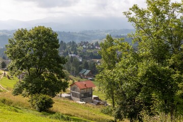 Fototapeta na wymiar Buildings in a settlement in the mountainous Carpathians.