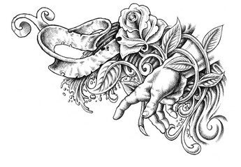 hand with ornaments with roses