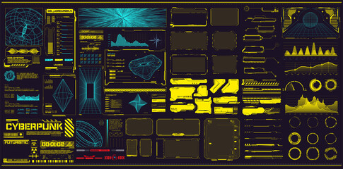 Sci-fi futuristic hud dashboard display virtual reality technology screen. Trendy 2022 shapes with HUD interface in concept Cyberpunk. Futuristic user Interface.Statistics, data infographic. Frame set - obrazy, fototapety, plakaty