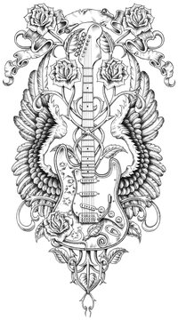 guitar design with wings and roses