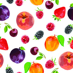 Fruits and berries vector seamless pattern. Apricot, peach, strawberry. cherry, plum, blackberry and raspberry