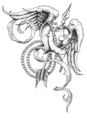 patched heart design with wings and arrow