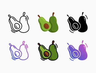 avocado fruit icon set with style line, outline, flat, glyph, color, gradient. Editable stroke and pixel perfect. Can be used for digital product, presentation, print design and more.
