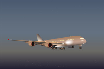 Fototapeta premium Passenger plane flies in the night sky. Vector.