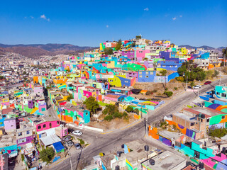 Colorful buildings in Cubitos district in Pachuca, Hidalgo state, Mexico. Grand Mural - the biggest Mural in the World