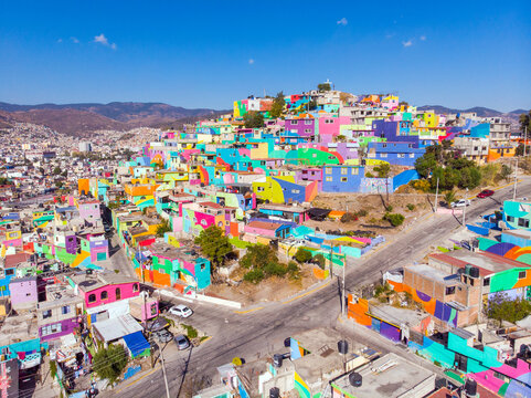 Colorful buildings in Cubitos district in Pachuca, Hidalgo state, Mexico. Grand Mural - the biggest Mural in the World
