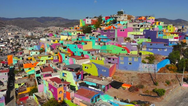 Colorful buildings in Cubitos district in Pachuca, Hidalgo state, Mexico. Grand Mural - the biggest Mural in the World