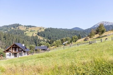 Panorama of mountains in the Ukrainian Carpathians on a summer day.
