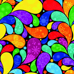 Bright colorful seamless pattern with paisley and transparent snowflakes. Vector image. Eps 10