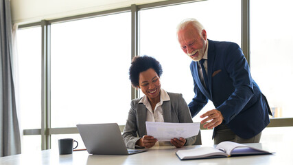 African american manager presenting development project