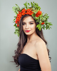 Summer woman in wreath of rowan berry - obrazy, fototapety, plakaty