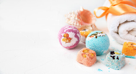 Bath bombs and aromatic bath salts made from natural ingredients. Skin care, wellness, SPA