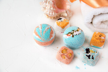 Bath bombs and aromatic bath salts made from natural ingredients. Skin care, wellness, SPA