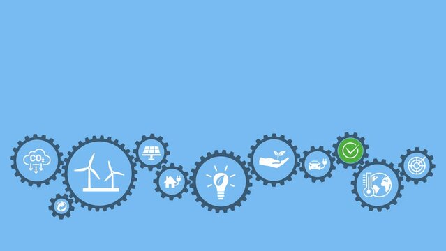 Ineinandergreifende Zahnr&auml;der mit Symbolen aus dem Bereich &Ouml;kologie, Umwelt, Wirtschaft