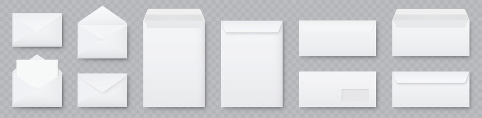 Realistic white envelopes mockup collection. A6 C6, A5 C5, A4 C4, A5 C5, A3 C3, and DL set. Folded and unfolded envelope mock up - stock vector. - obrazy, fototapety, plakaty