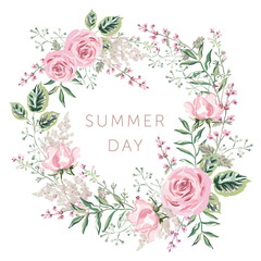 Summer wreath of pink rose flowers, green leaves, white background. Wedding invitation round frame. Vector illustration. Floral arrangement with text. Design template greeting card - 500471667