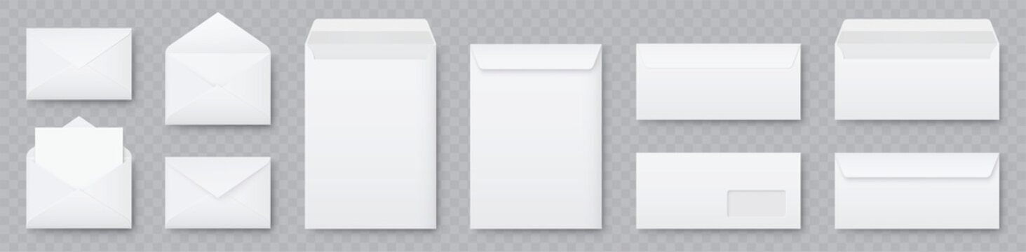 Realistic white envelopes mockup collection. A6 C6, A5 C5, A4 C4, A5 C5, A3 C3, and DL set. Folded and unfolded envelope mock up - stock vector.